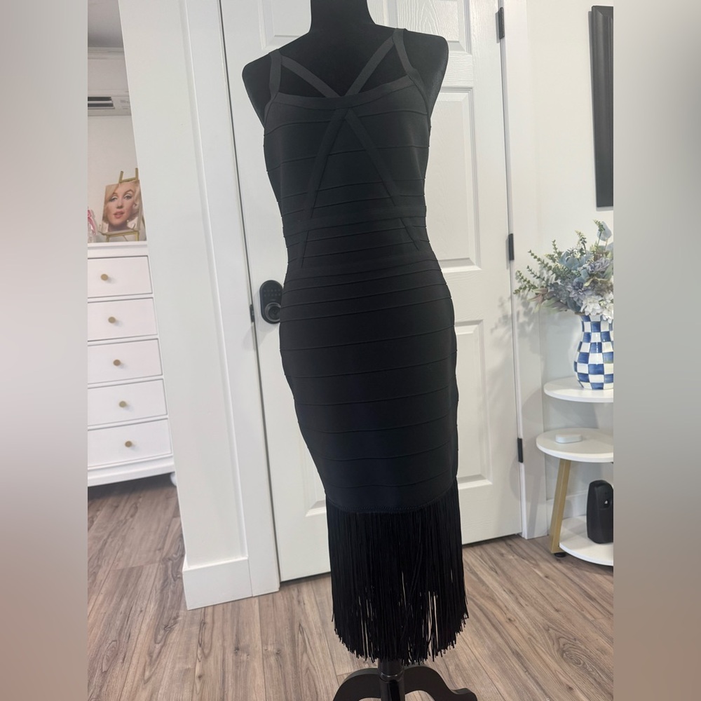 Black Fringe Bandage Midi Dress